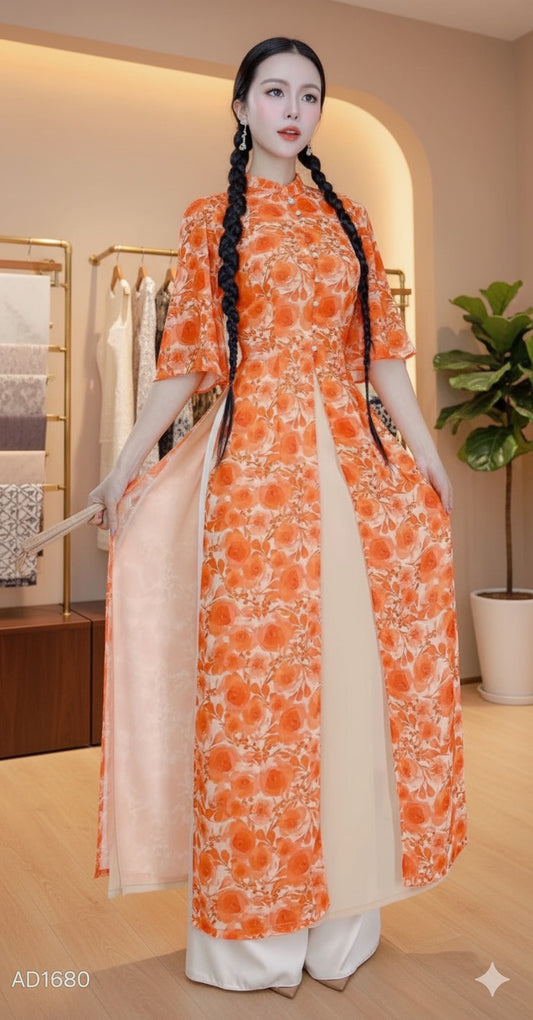 AD1680 Áo only - Áo dài tứ thân hoa đá 3 tà