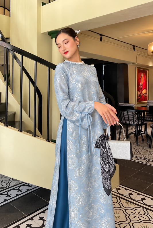 K343 6394 Áo only no pants - Áo dài dáng suông 2 tà lụa tằm thọ dơi