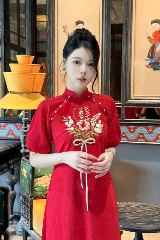 TN140 Áo only no pants - Áo dài cách tân tay bồng thêu Ngọc Giao đỏ