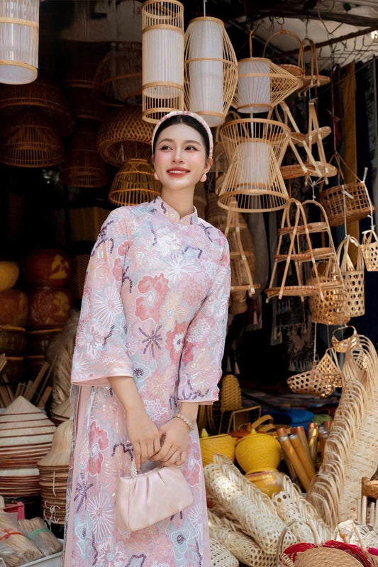 M208 2335 Áo + quần - Áo dài dáng suông thiết kế đính hoa Bling