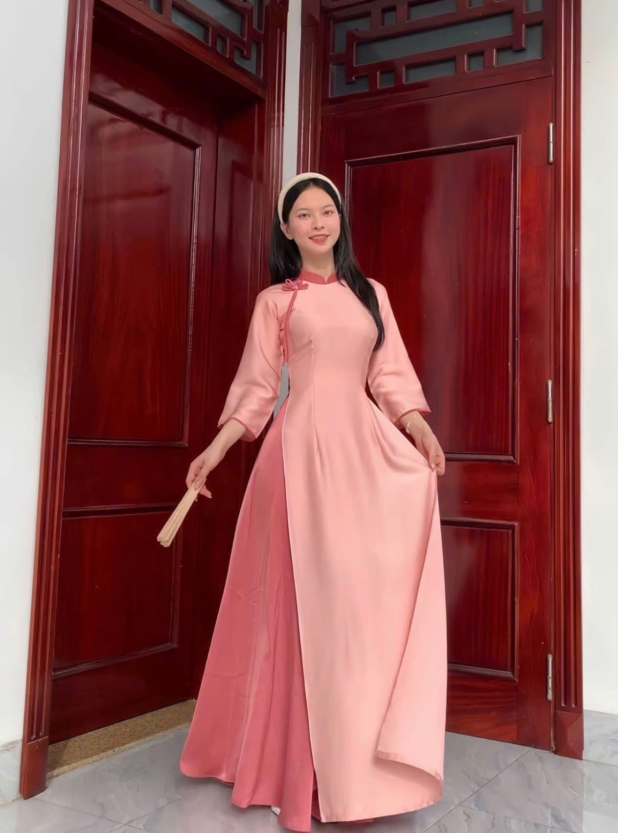 H252 1398 Áo + quần - Áo dài trơn màu hồng cam + quần