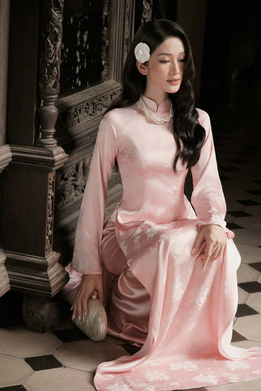 H269 1460 Áo only - Áo dài hoa cúc đại đoá màu hồng phấn