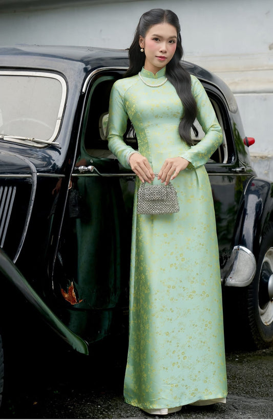 H279 1470 Áo only - Áo dài lụa 2 da màu cốm nhạt