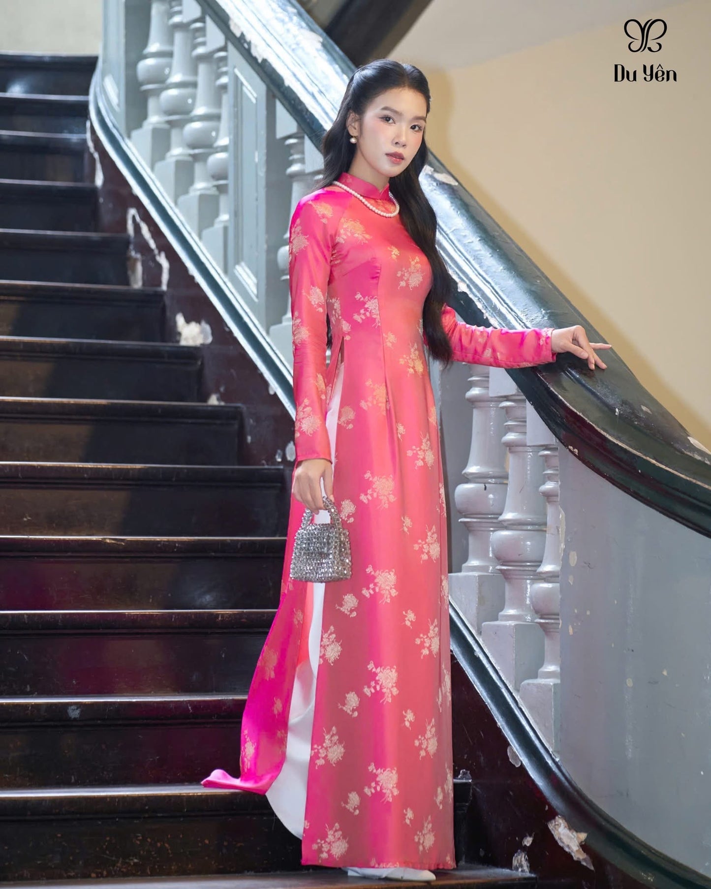 H272 1463 Áo only - Áo dài tơ tằm 2 da hồng ánh vàng