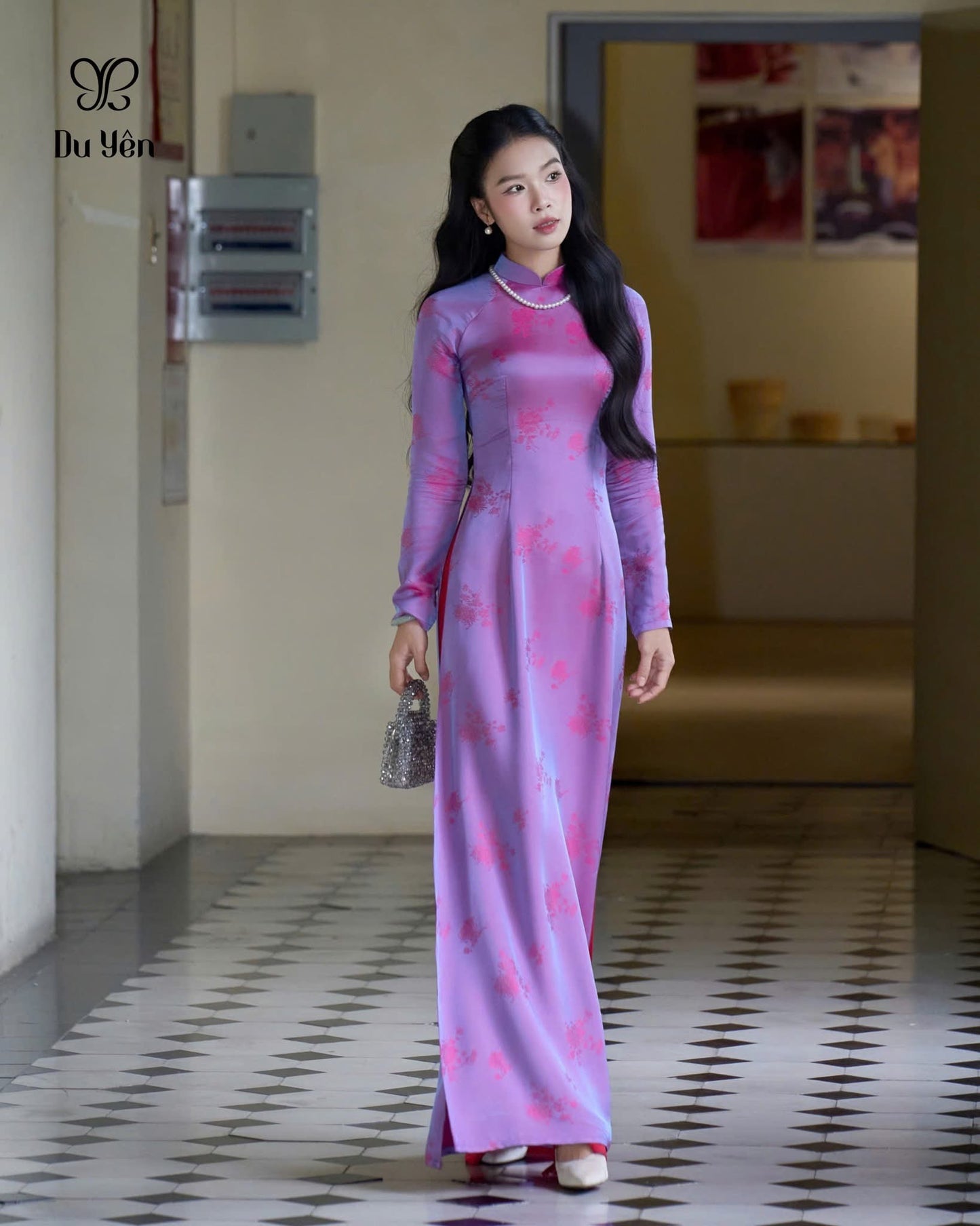 H273 1464 Áo only - Áo dài tơ tằm 2 da tím ánh hồng