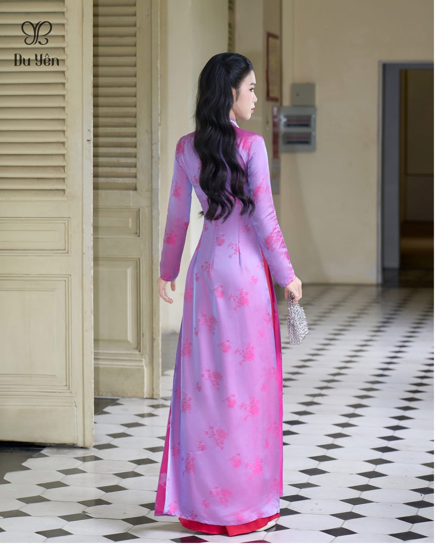 H273 1464 Áo only - Áo dài tơ tằm 2 da tím ánh hồng