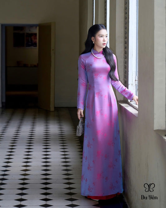 H273 1464 Áo only - Áo dài tơ tằm 2 da tím ánh hồng