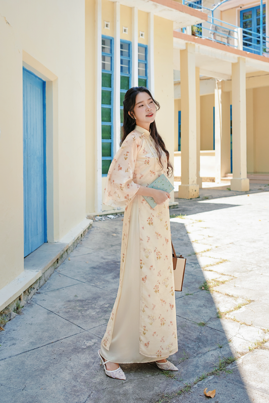 H193 Áo only - Áo dài tơ đính nơ màu kem