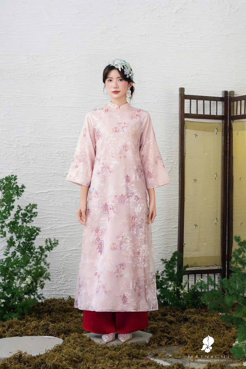H194 Áo only - Áo dài lụa gấm màu hồng