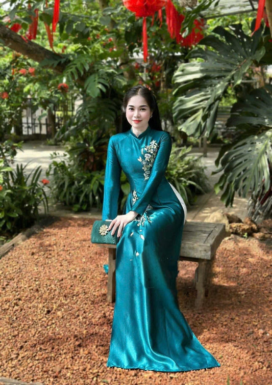 H294 1485 Áo only - Áo dài lụa valenino thêu hoa màu xanh chai