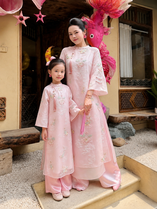 BG112 Áo + quần - Áo dài bé gái dáng suông tơ thêu màu hồng