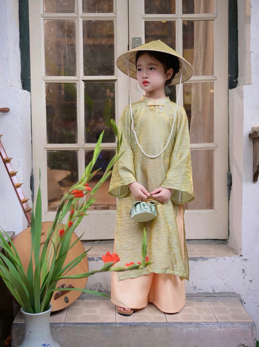 BG133 5492 Áo + quần - Set áo dài bé gái màu cốm lụa tằm ánh kim tencel