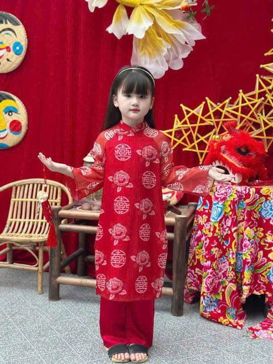 BG145 Áo + quần - Áo dài bé gái tơ in 4 tà