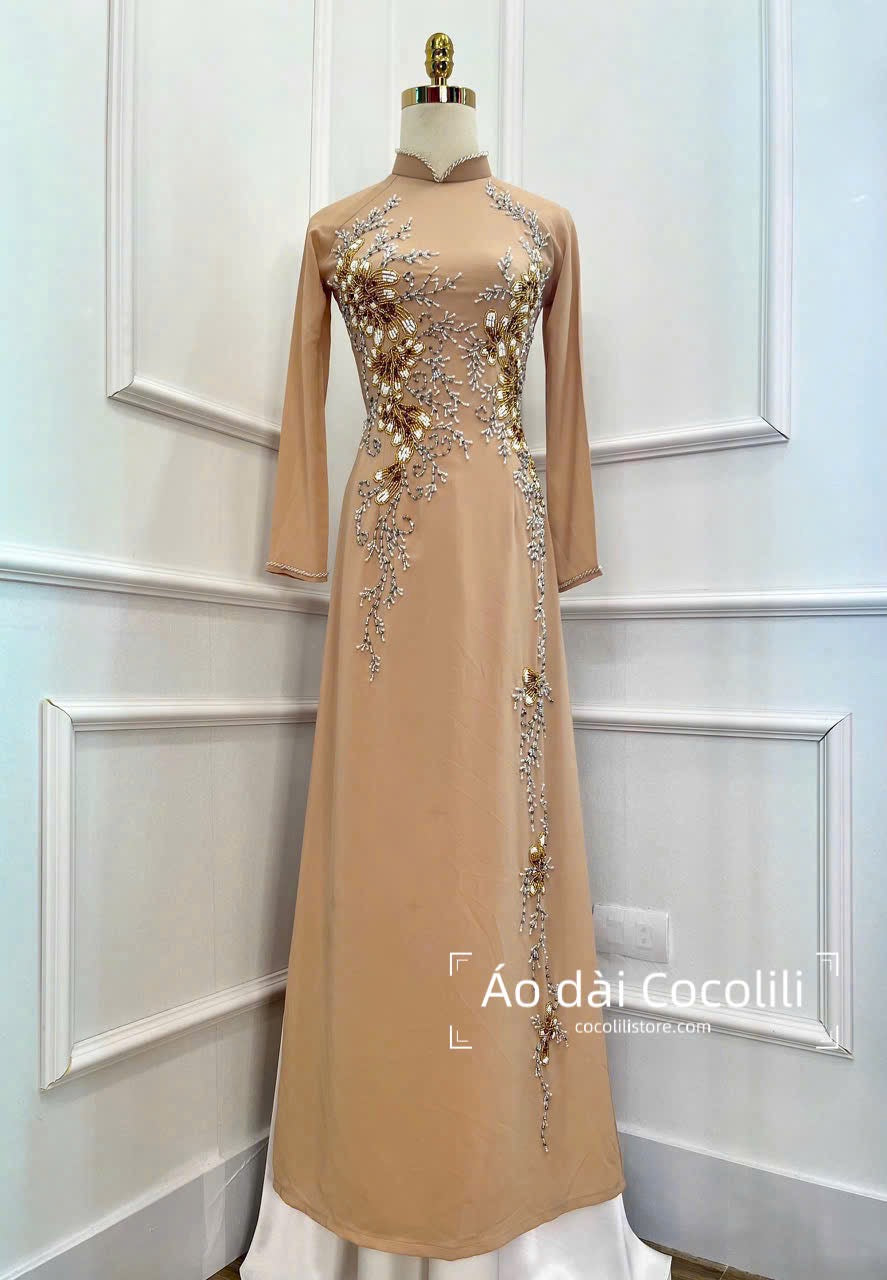 H600 3221 Áo only no pants - Áo dài chiffon 4 tà thiết kế đính kết H600