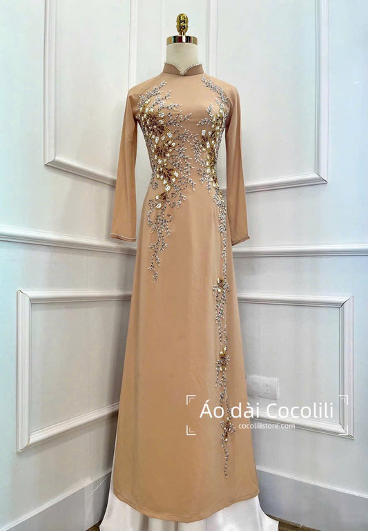 H600 Áo only no pants - Áo dài chiffon 4 tà thiết kế đính kết H600