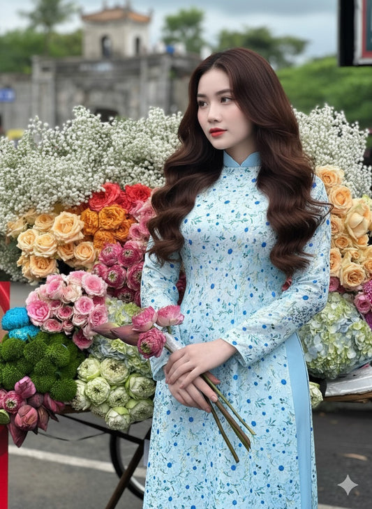 T597 Áo only - Áo dài lụa hoa mai xanh