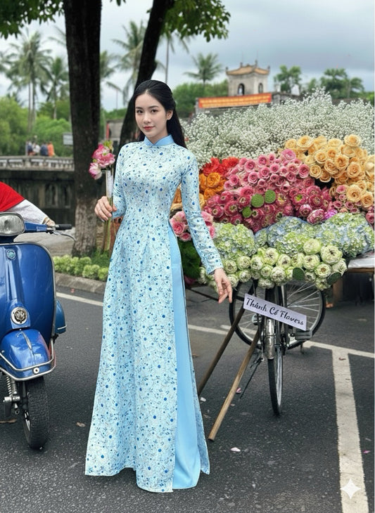 T597 Áo only - Áo dài lụa hoa mai xanh