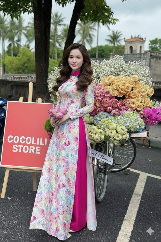 T598 Áo only - Áo dài lụa hoa mai