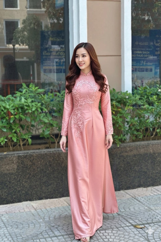 H192 Áo only - Áo dài lụa vân gỗ đính hoa màu hồng phấn