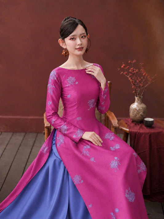 K187 5675 Áo only no pants - Áo dài dáng truyền thống chiết li eo lụa tằm sen dạ cúc cổ thuyền màu hồng sen