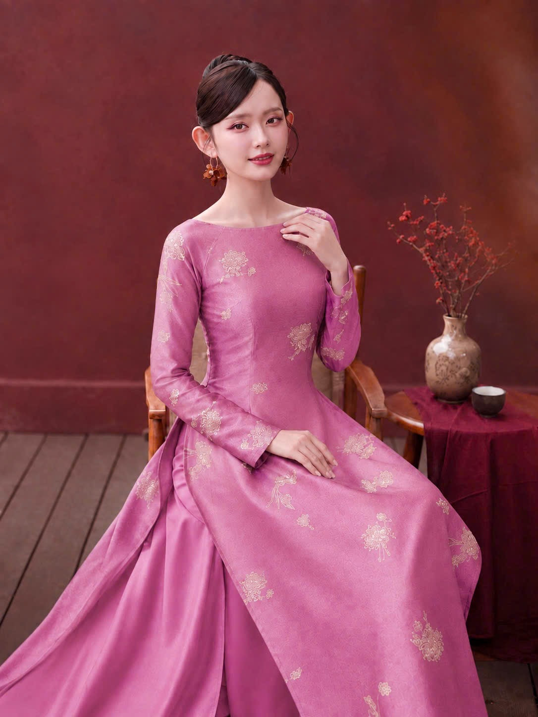 K190 5681 Áo only no pants - Áo dài dáng truyền thống chiết li eo lụa tằm sen dạ cúc cổ thuyền màu hồng