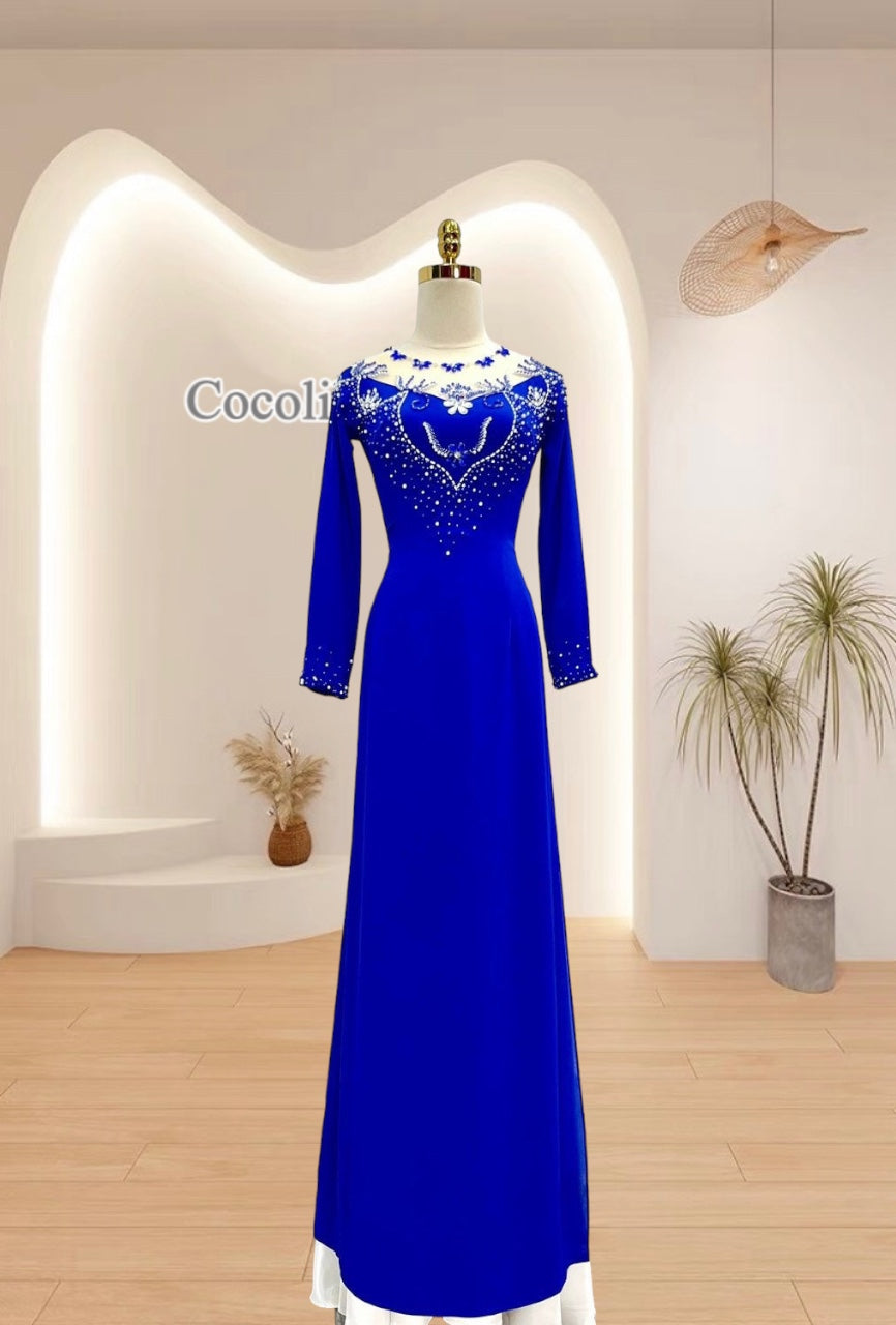 S175 - Áo dài chiffon coban cổ lưới kết ngọc