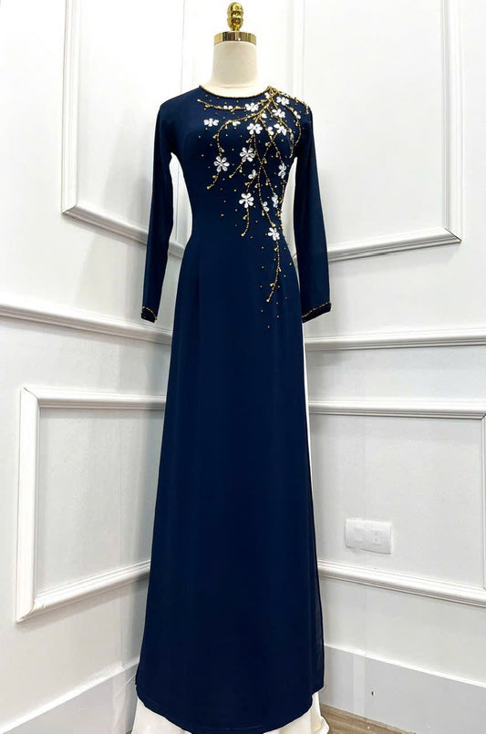 S2522 Áo only - Áo dài chiffon 4 tà màu xanh than đính kết