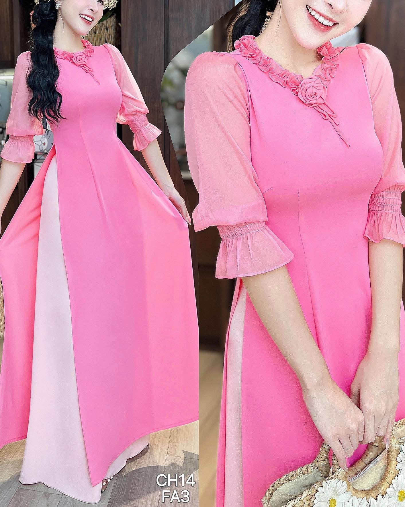 AD2975 -H523- Áo only - Áo Dài  hồng tay dài