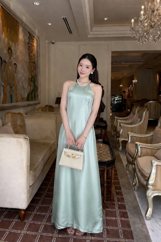 Y10 4146 - Đầm cổ yếm lụa double silk màu xanh blue