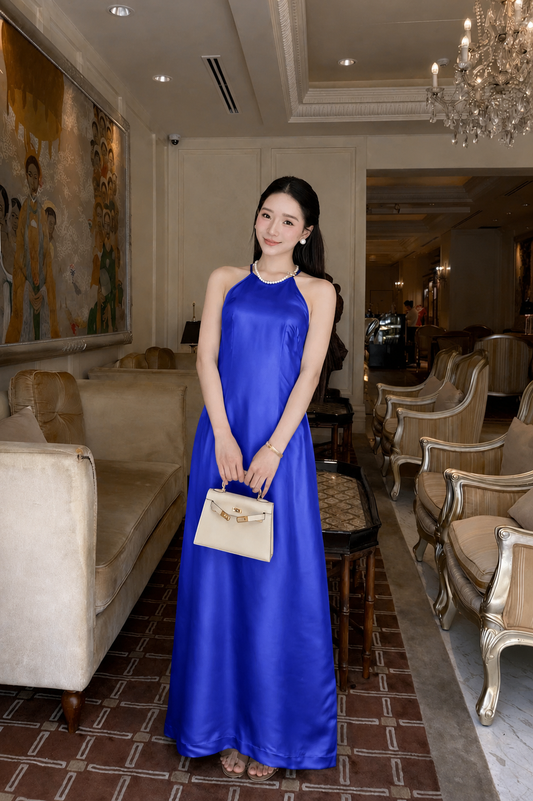 Y11 4134 - Đầm cổ yếm lụa double silk màu xanh coban ánh tím