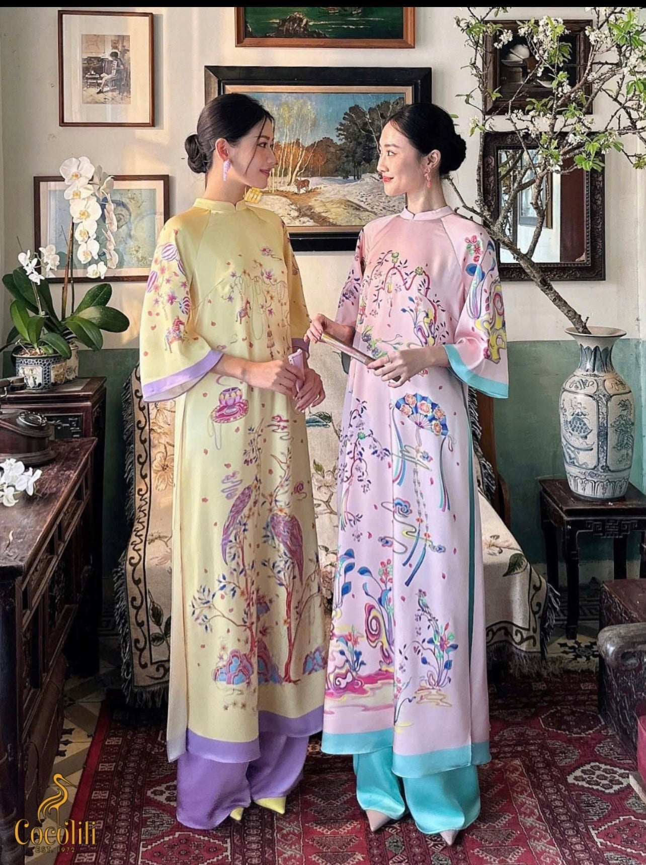 M177 2189 Áo vàng - Áo dài cách tân dáng suông + quần tím