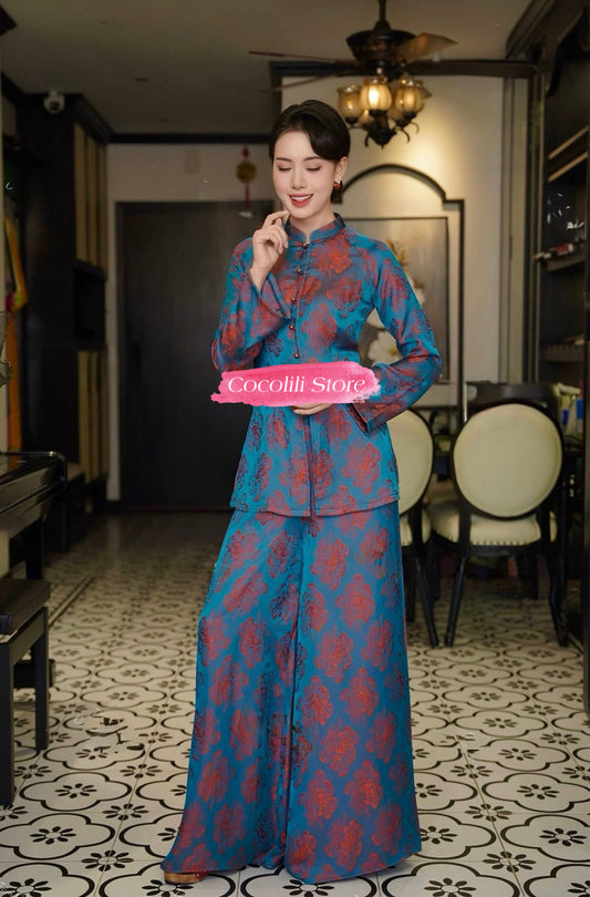 BB176 3884 - Set bà ba lụa silk óng quế chi xanh coban ánh đỏ. quần ống rộng