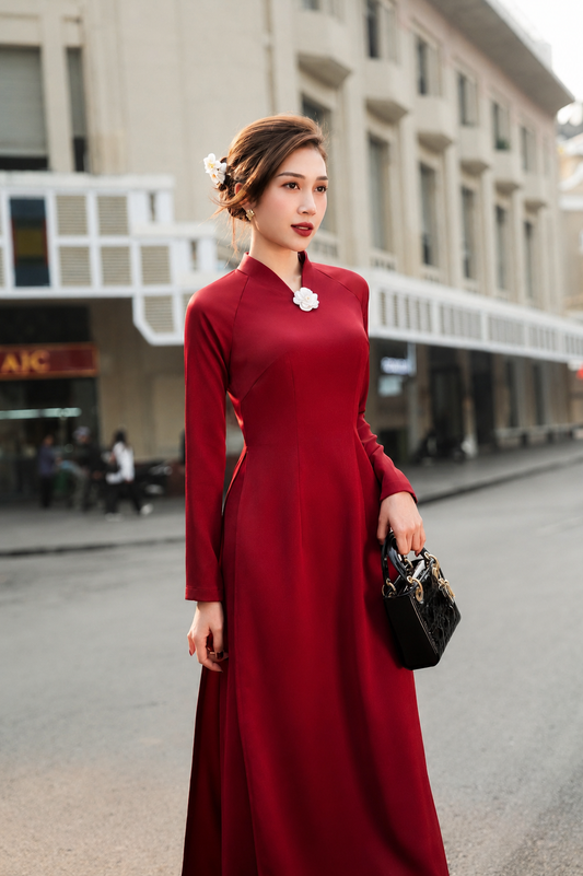 H794 4273 Áo only no pants - Áo dài dáng truyền thống chiết li eo lụa tô châu màu đỏ đậm