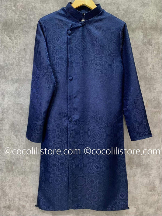 B38 4955 only áo - Áo dài nam gấm màu xanh đen