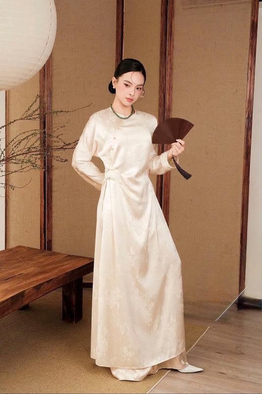 BB102 3666 Áo only no pants - Áo dài dáng suông cách điệu màu trắng kem