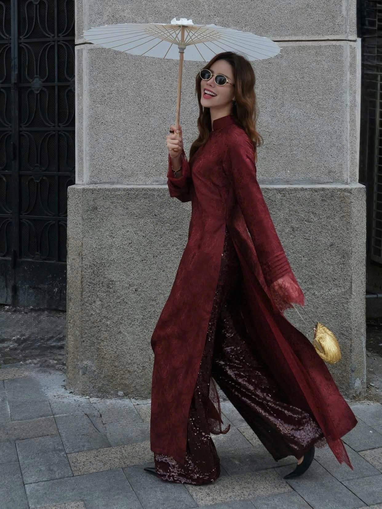 HD115 3667 Áo + quần kimsa - Áo dài dáng suông lụa nha xá 4 tà lót ren