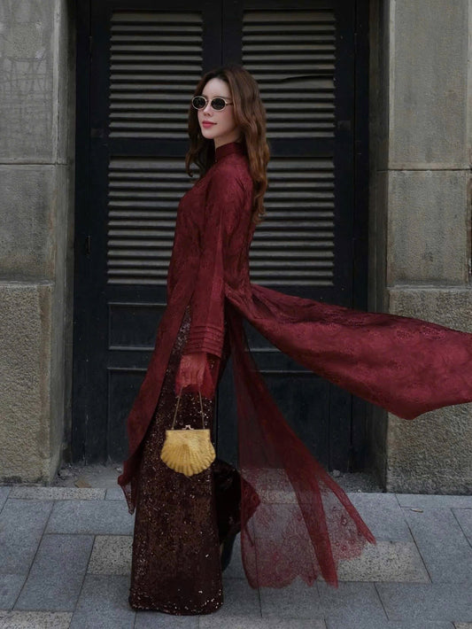 HD115 3667 Áo + quần kimsa - Áo dài dáng suông lụa nha xá 4 tà lót ren