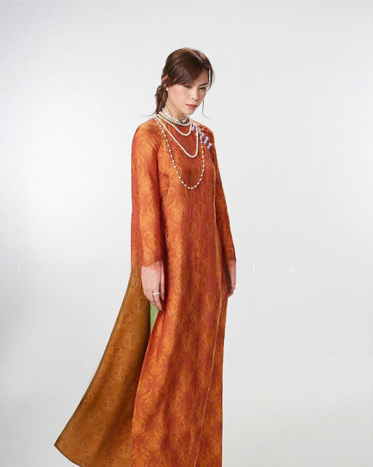 HD116 3668 Áo + quần nha xá - Áo dài dáng suông lụa nha xá lót tơ 4 tà may theo kỹ thuật dính liền tà màu cam
