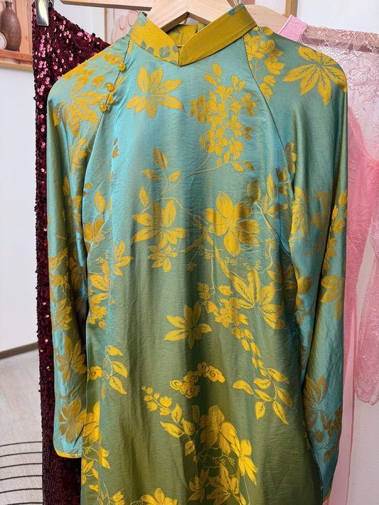 M539 3672 Áo + quần cùng chất - Áo dài lụa silk óng quý châu màu xanh