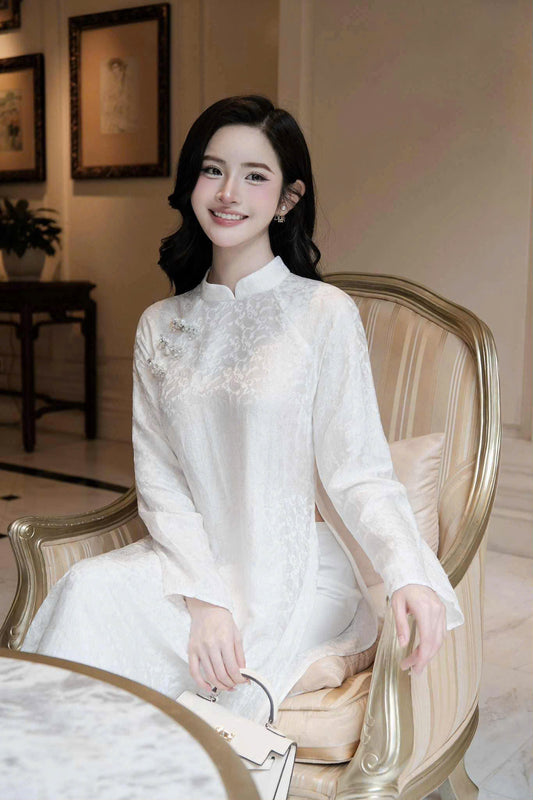 HD118 3733 Áo only no pants - Áo dài dáng suông lụa nha xá màu trắng