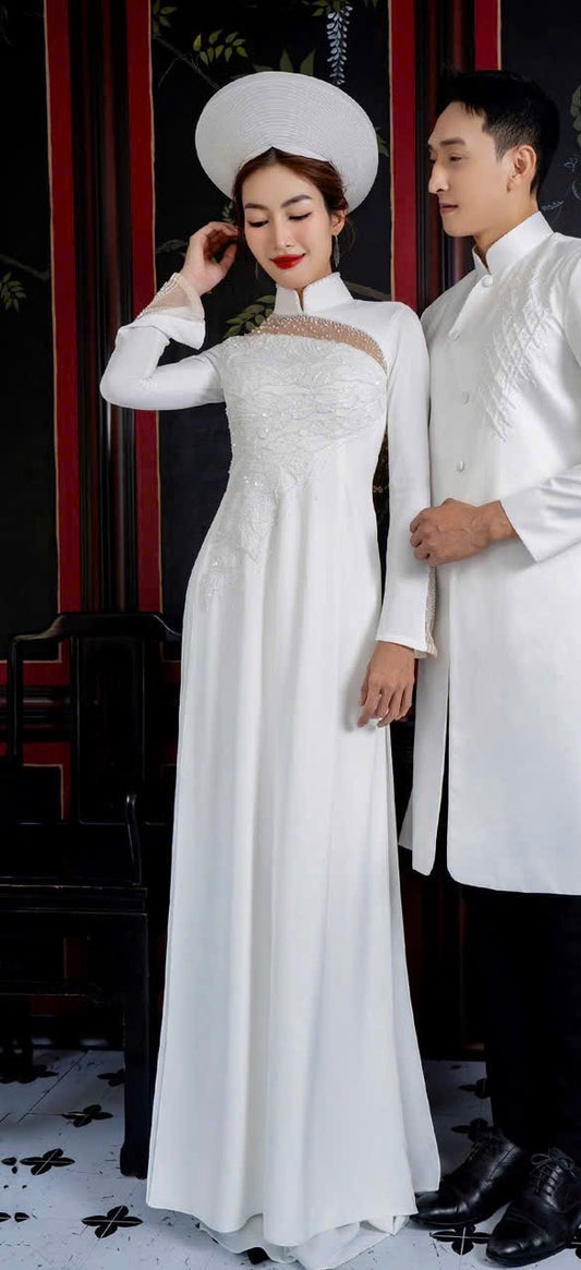 S326 Áo only no pants - Áo dài chiffon 4 tà dáng truyền thống chiết li eo đính kết màu trắng