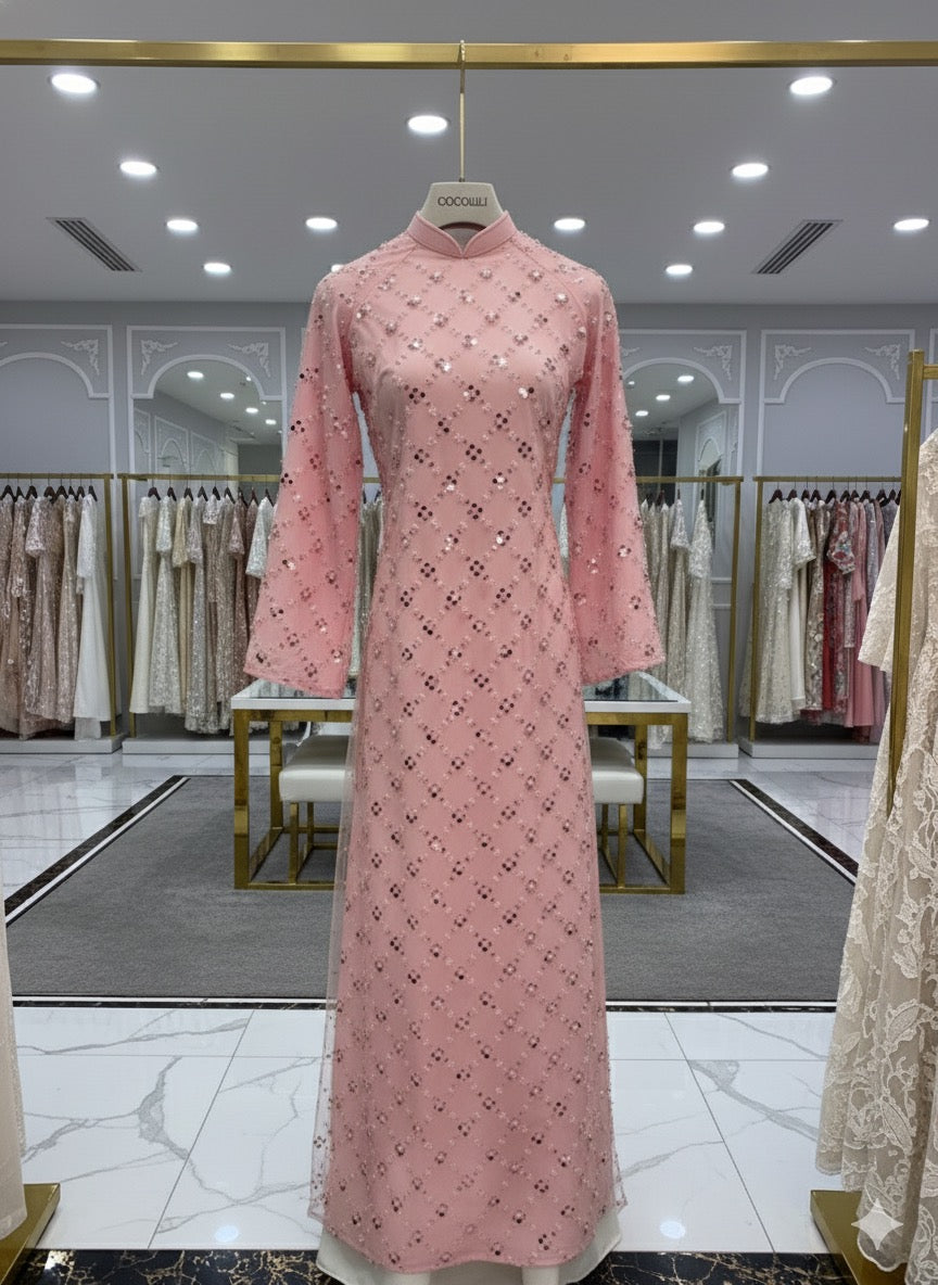 H199 H200 1339 - Áo dài lụa tơ voan đính ngọc