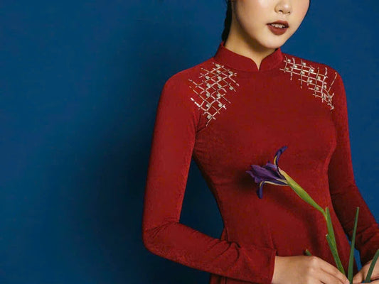 S243 1898 Áo only - Áo dài nhung màu đỏ đô đính vai