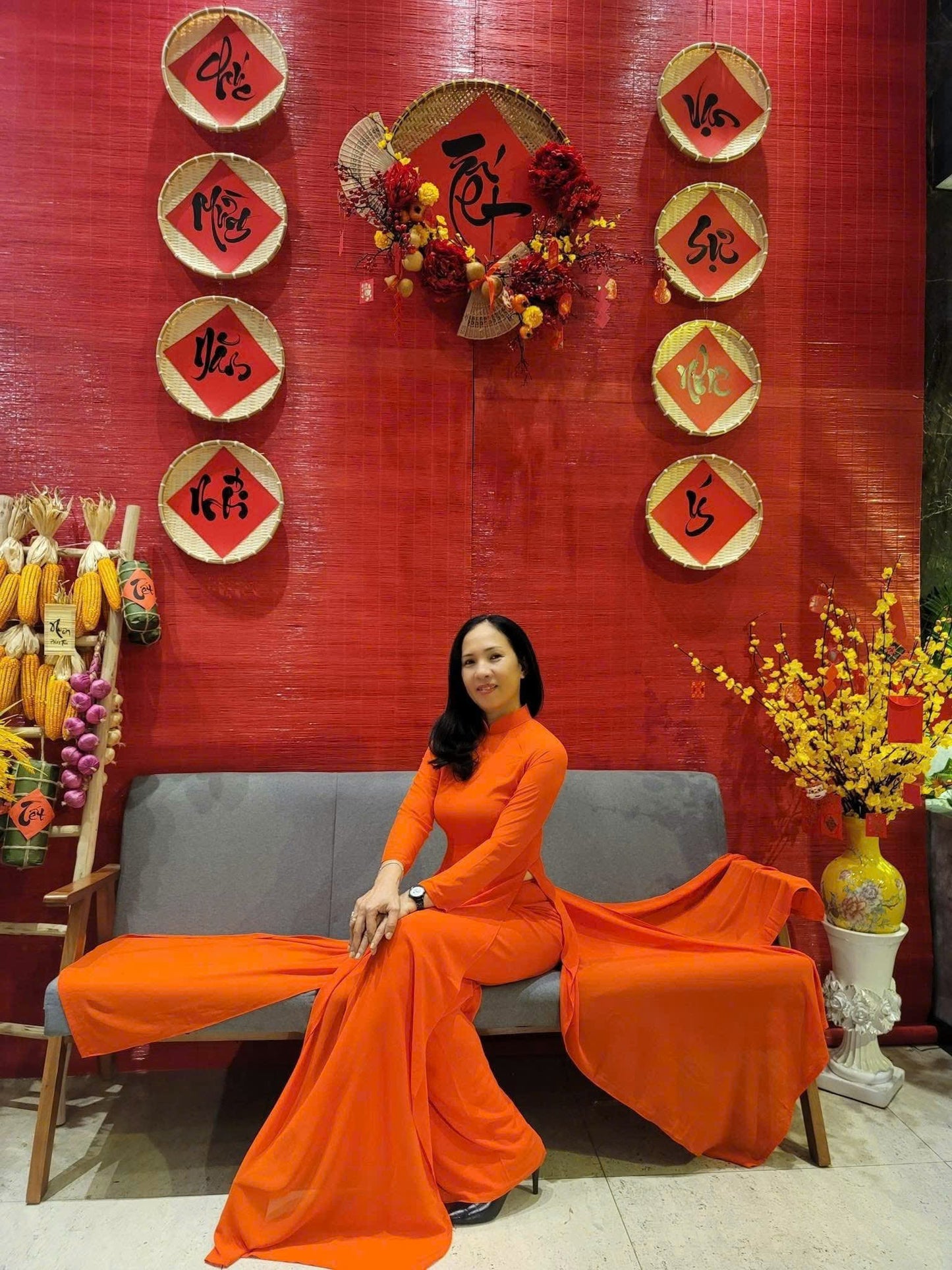 C25 Only - Áo dài chiffon 4 tà màu cam cà rốt