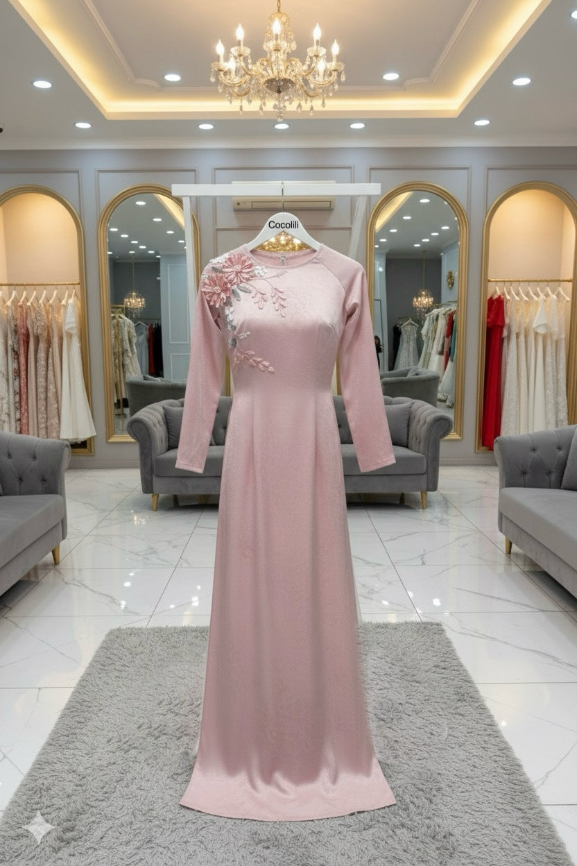 H248 1375 Áo only - Áo dài đính hoa màu hồng nude