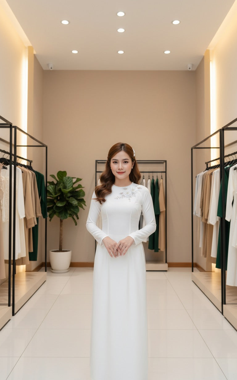 H267 Áo only - Áo dài lụa hà lan trắng kem đính kết