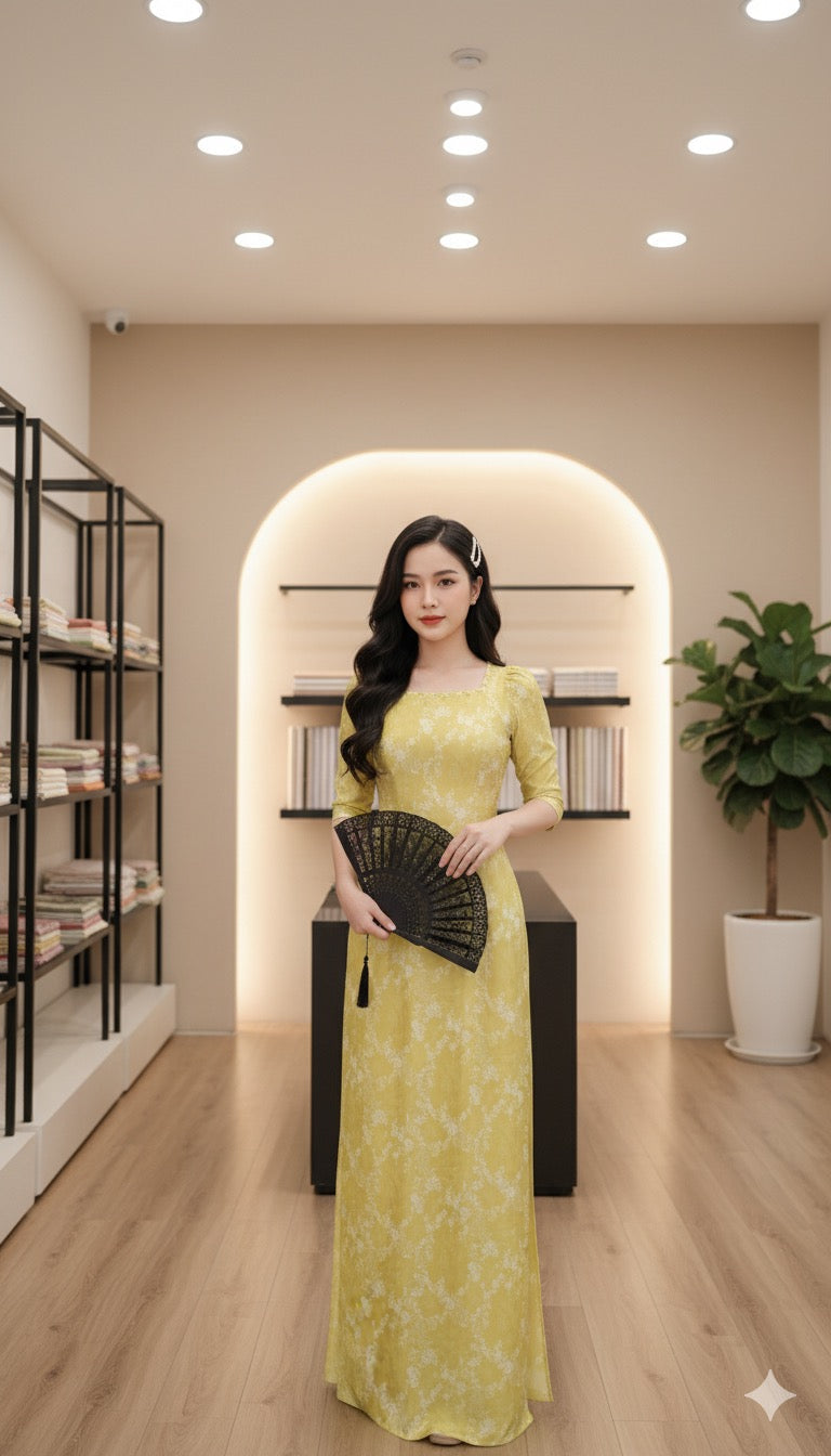 H266 1412 Áo only - Áo dài xanh cốm cổ vuông tay bồng