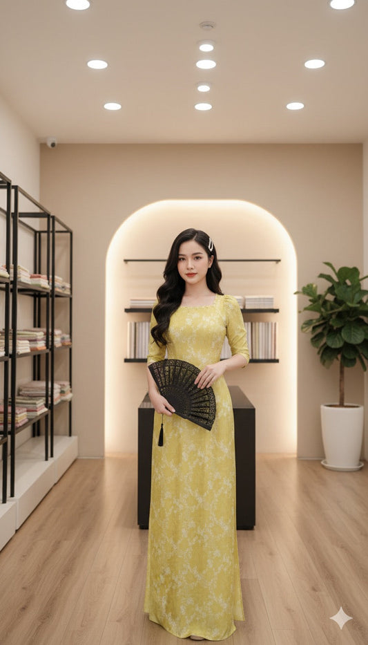 H266 1412 Áo only - Áo dài xanh cốm cổ vuông tay bồng