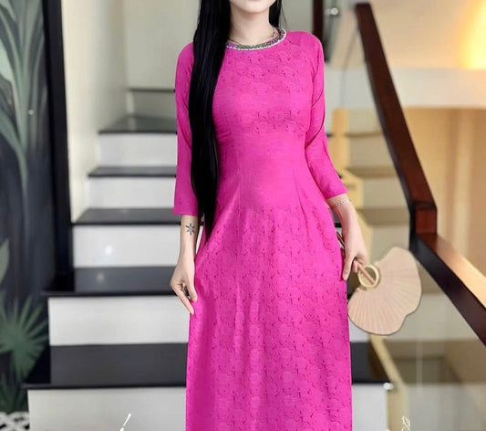 H265 1410 Áo only - Áo dài lụa hoa cúc hồng sen đính kết