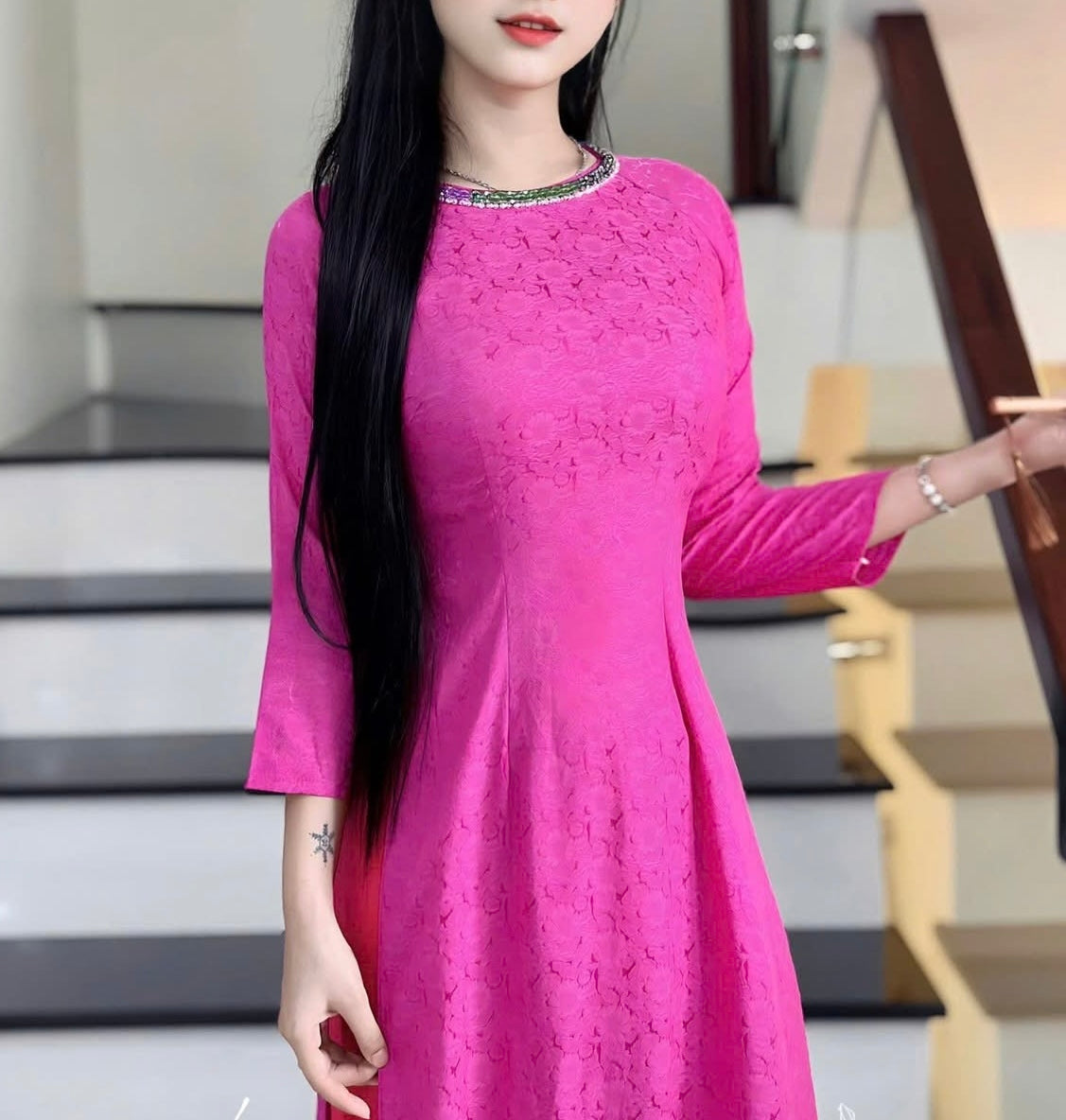 H265 1410 Áo only - Áo dài lụa hoa cúc hồng sen đính kết